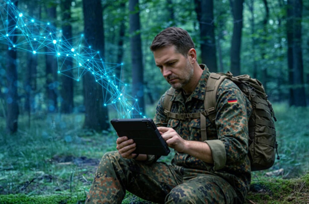 Mann in Bundeswehruniform sitzt im Wald und schaut auf ein Tablet
