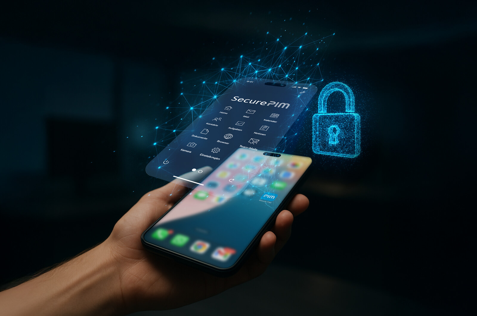 Person hält ein Handy in der Hand auf der die SecurePIM App geöffnet ist und daneben befindet sich ein Schloss