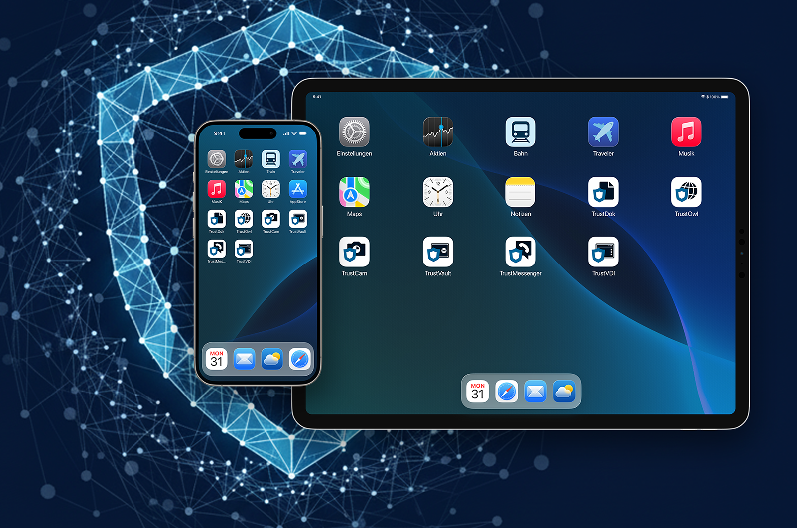 Smartphone und Tablet mit Sicherheitsanwendungen des indigo Trust-Produktportfolios