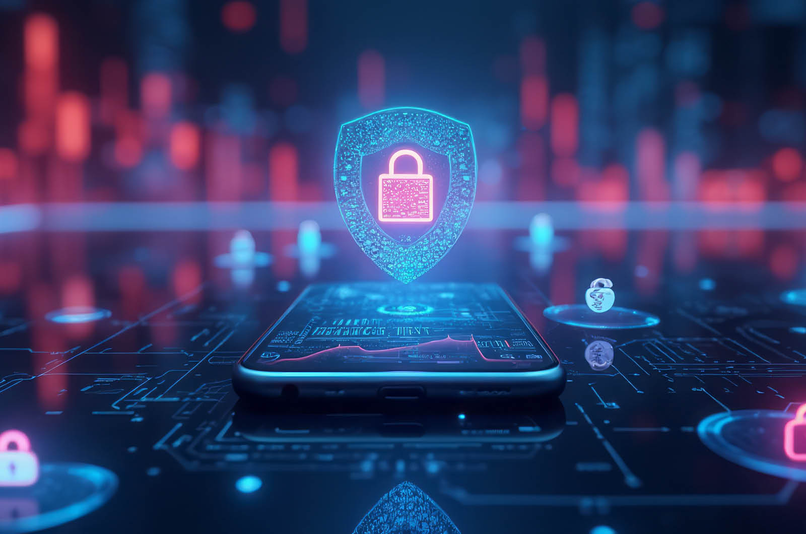 Smartphone mit digitalem Schutzschild und Schloss-Icon als Darstellung von Mobile Security