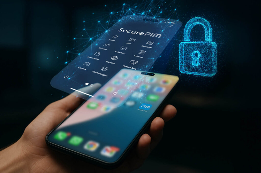 SecurePIM App auf Smartphone mit digitalem Sicherheitsschloss – geschützte mobile Kommunikation für KRITIS-Organisationen