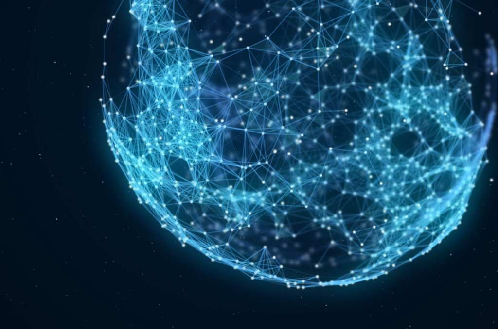 Visualisierte Weltkugel mit Datenströmen