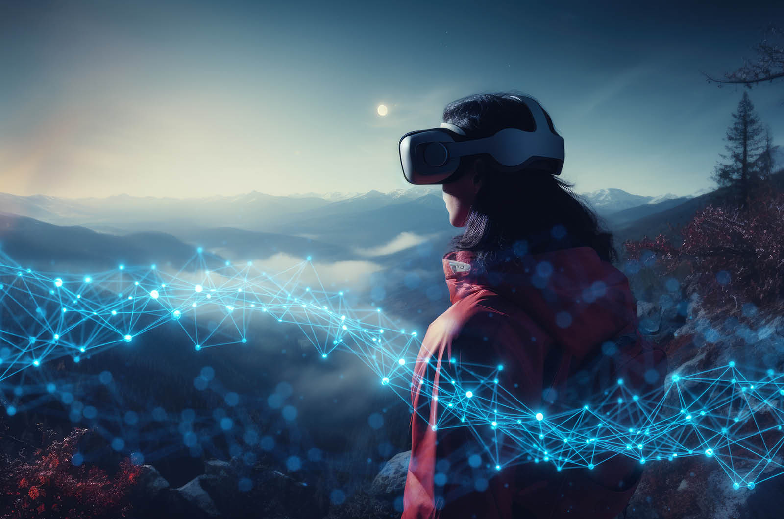 Person mit VR-Brille umgeben von visualisierten Datenströmen