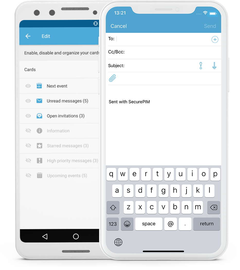 SecurePIM iOS Android Mail Composer and central workspace in SecurePIM for secure mobile work