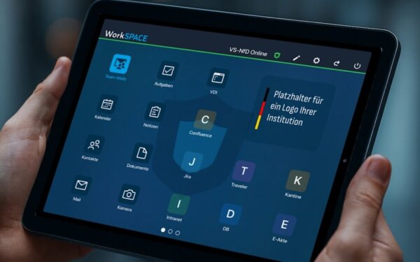 Person hält ein Tablet mit der App SecurePIM zum sicheren mobilen Arbeiten