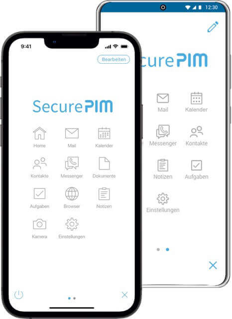 Zwei Handys mit der geöffneten SecurePIM App
