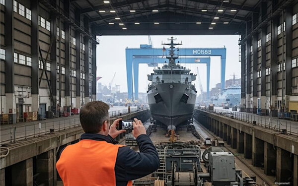 Mann steht an eine Werft und macht ein Foto eines Schiffes mit der sicheren SecurePIM App